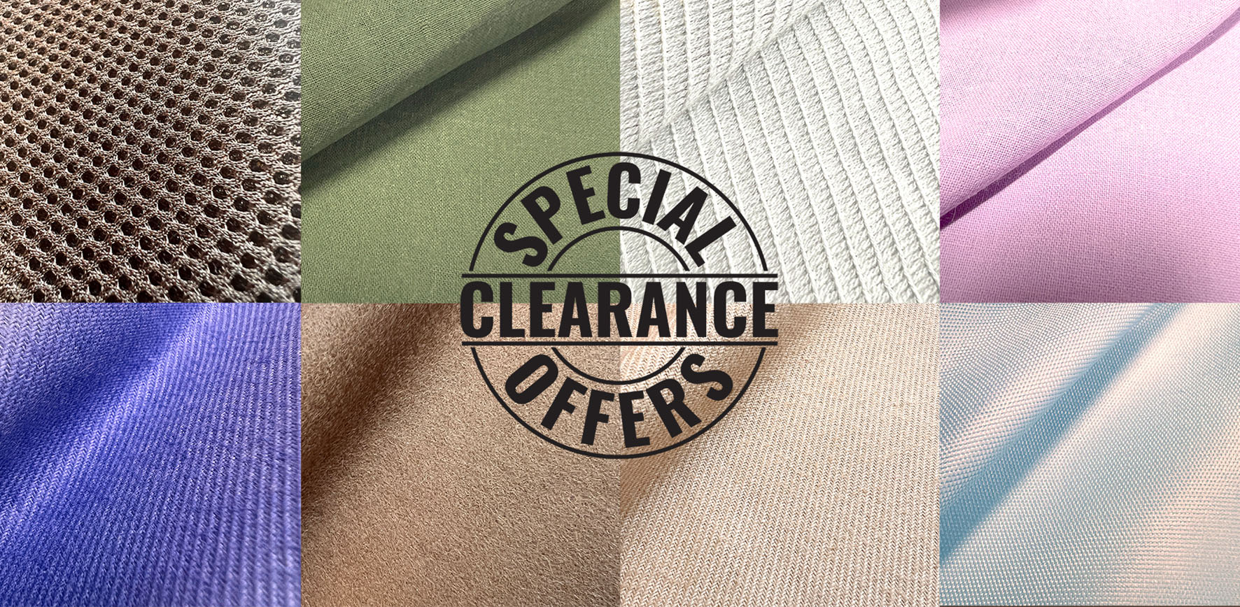 An image showing a range of fabrics with text saying Clearance and Special offers.