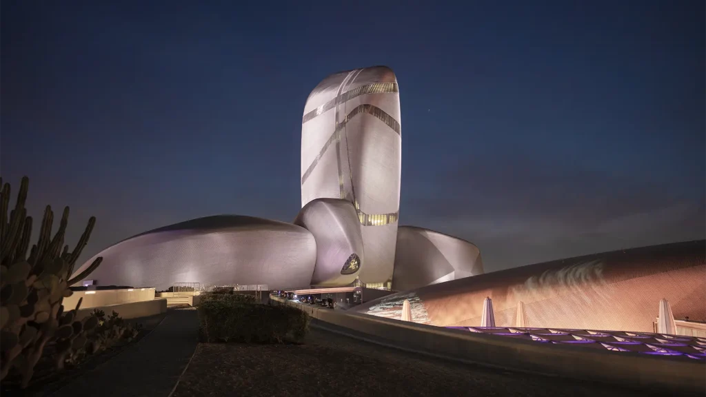 The exterior of Ithra in the evening. The building is also known as the King Abdulaziz Center for World Culture.