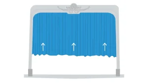 A guillotine movement type for a drape. The drape is attached to a fly bar, which is lifted vertically without altering the shape of the drape(s). Often split as an overlapping pair, which allows easy passage through the centre when they are in the lowered position. This method requires a fly tower of at least two times the height of the drape, allowing it to be raised out of sight without stacking.