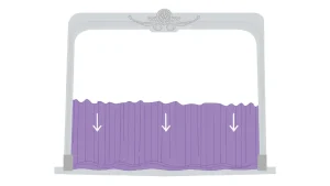 A kabuki movement type for drapes.
The drape is suspended by a mechanism that allows the full header to be released, dropping the drape to the ground. The kabuki mechanism can be a rotating bar with hooks that, when rotated, release the drape or a series of magnetic clamps or solenoids, which are simultaneously fired to release the drape. By adding a short piece of fabric or ‘bag’ sewn to the rear of the header, the kabuki effect can begin with the drape hidden from sight before being dropped into view. At this point, the full header can be dropped; this is often known as a ‘double drop’.