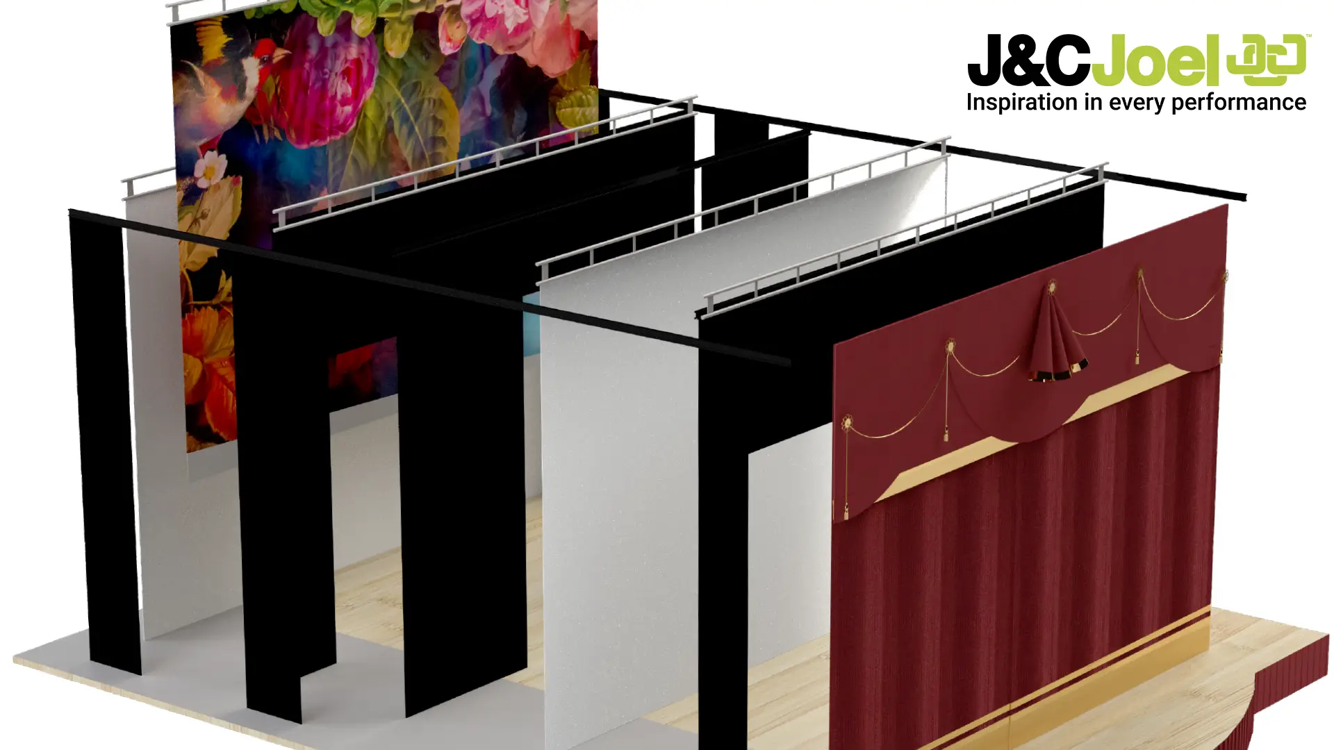 The various sections of a theatre stage highlighted in an image.